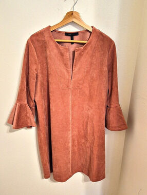 BCBGMAXAZRIA Catier Faux-Suede Shift Dress Suede-Look Bell Sleeve Mini Dress